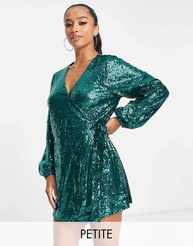 In The Style Petite exclusive sequin wrap detail mini dress in emerald green