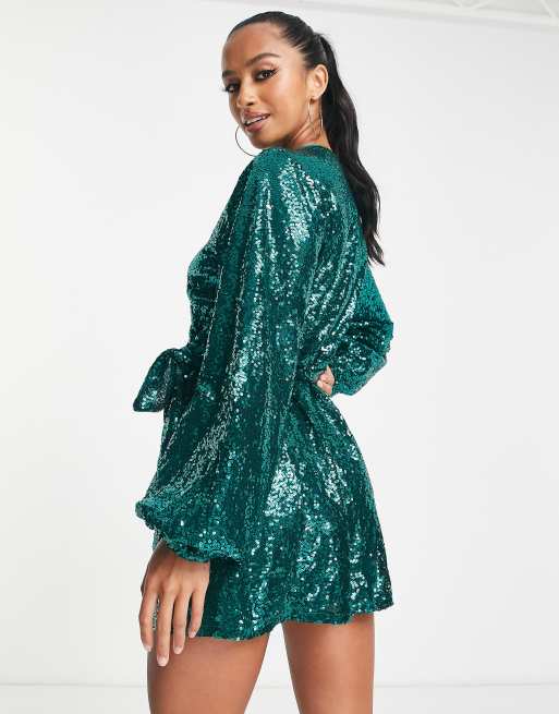 Shape Emerald Green Drape Sequin Bodysuit Dress