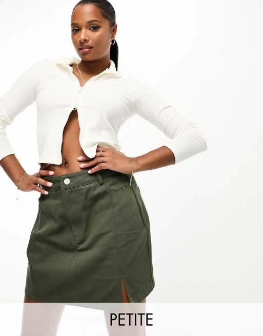 In The Style Petite exclusive split hem denim mini skirt in khaki ASOS