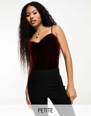 In The Style Petite exclusive sweetheart neckline velvet body in burgundy-Red