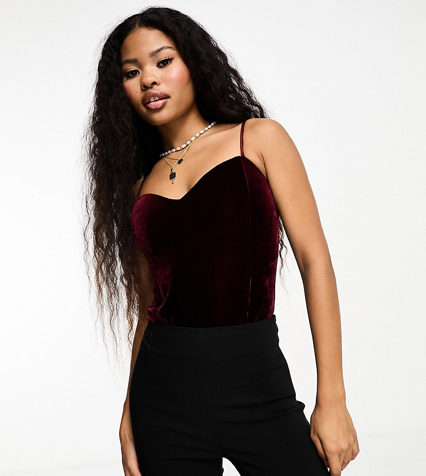 In The Style Petite exclusive sweetheart neckline velvet body in burgundy-Red