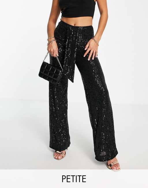 In The Style Petite - Exclusivité - Pantalon large à sequins avec détail drapé - Noir