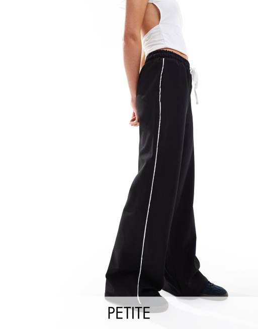 In The Style Petite side stripe drawcord tie waist straight leg pants in black