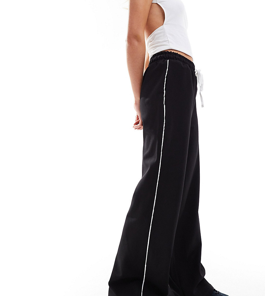 In The Style Petite side stripe drawcord tie waist straight leg trousers in black
