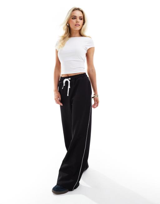 In The Style Petite side stripe drawcord tie waist straight leg trousers in  black