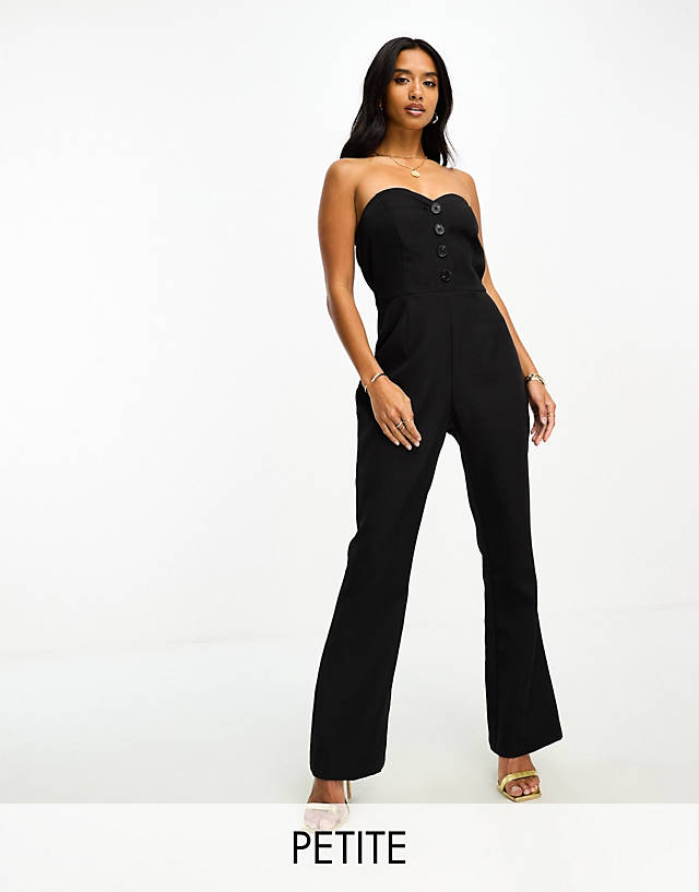 In The Style Petite - tailored bandeau button detail wide leg jumpsuit in black