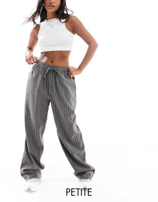 In The Style Petite x Perrie Sian wide leg drawstring trouser in grey pinstripe