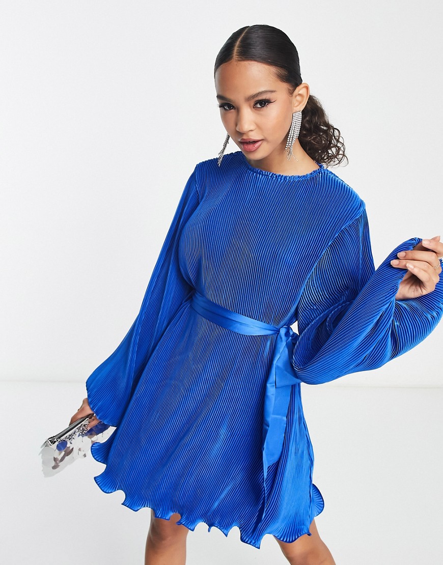 In The Style pleated sleeve volume swing dress with belt detail in blue