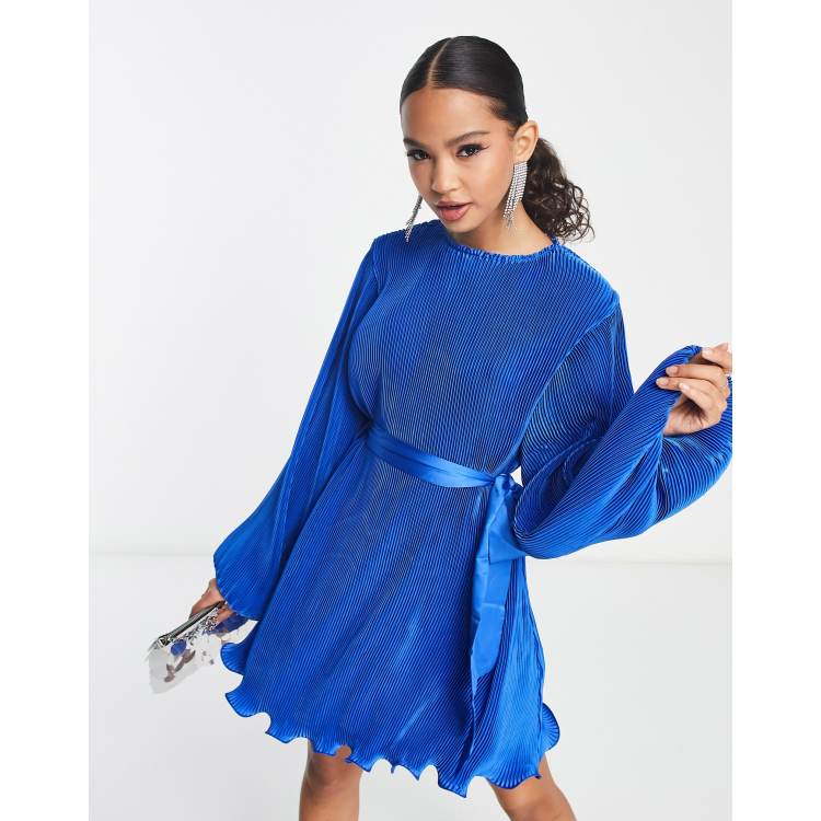 In The Style pleated sleeve volume swing dress with belt detail in blue