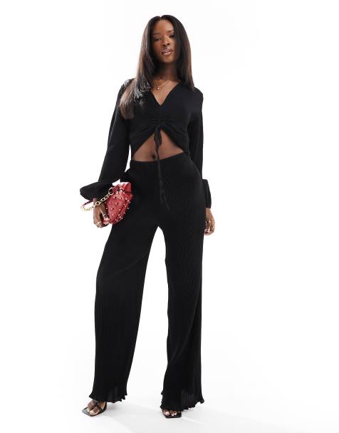 In The Style - Plissé broek met wijde pijpen in zwart, deel van co-ord set - view 1