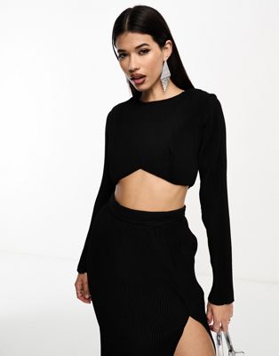 In The Style plisse crop top co-ord in black