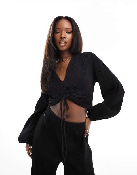 In The Style plisse ruched tie detail top in black (part of a set) - view 1