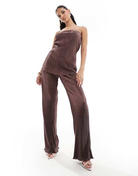 In The Style plisse wide leg trousers co-ord in chocolate - view 1