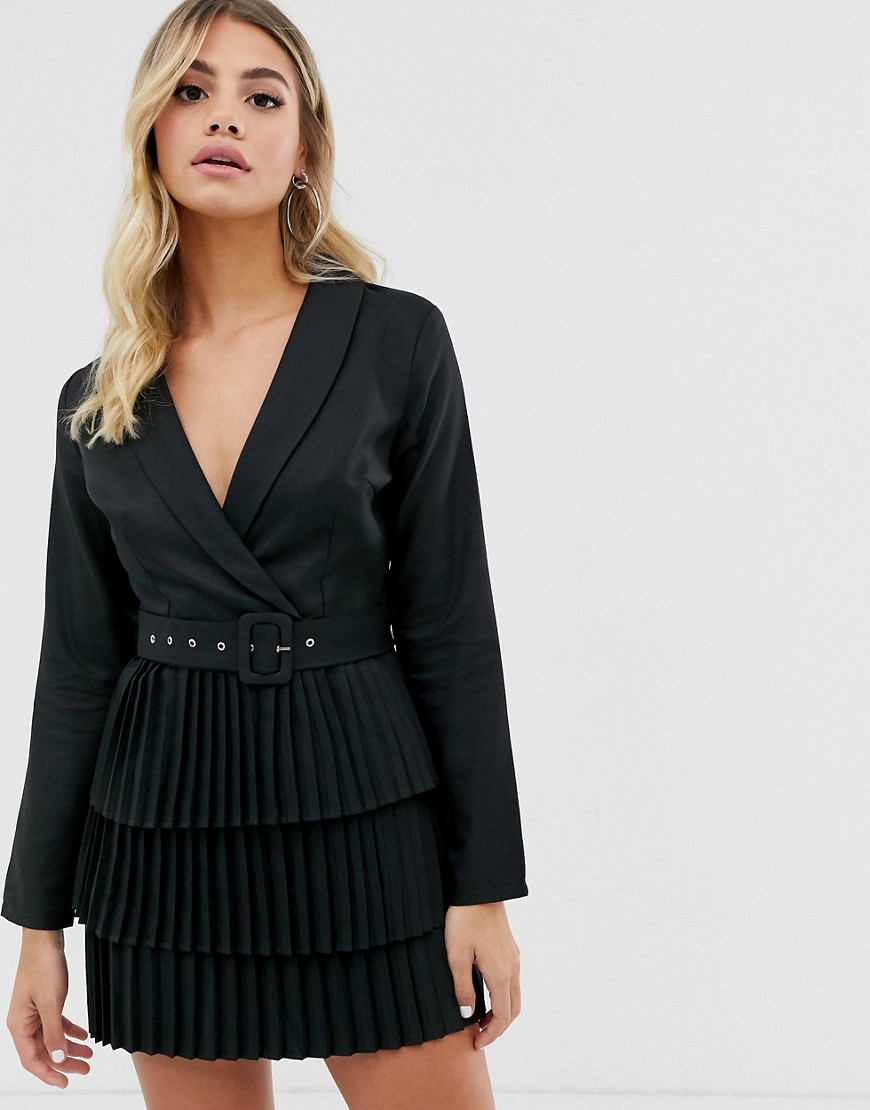 plunge front blazer dress with pleated skirt in black