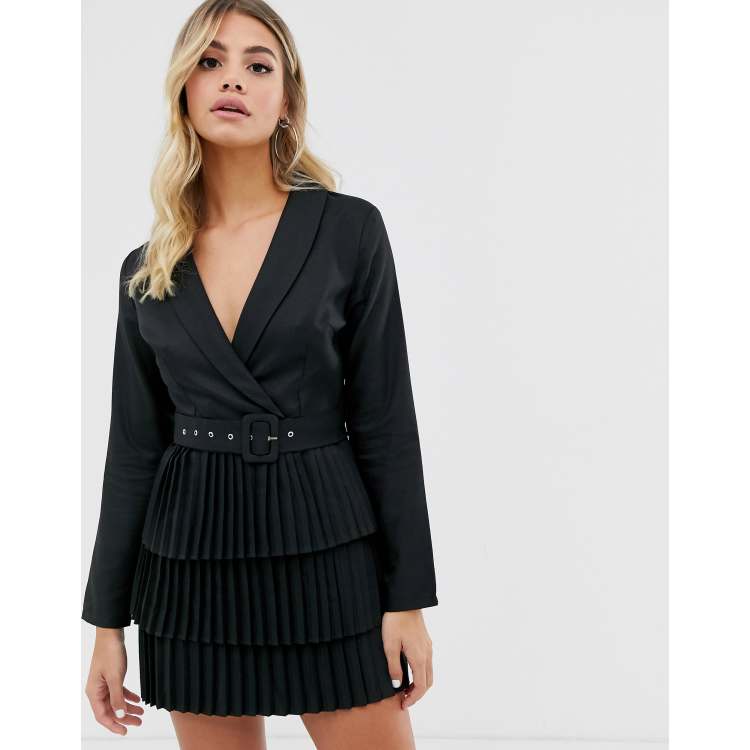 Black Plunge Contrast Backless Mesh Blazer Dress