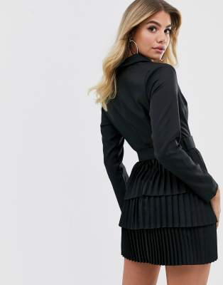 In The Style plunge front blazer dress with pleated skirt in black