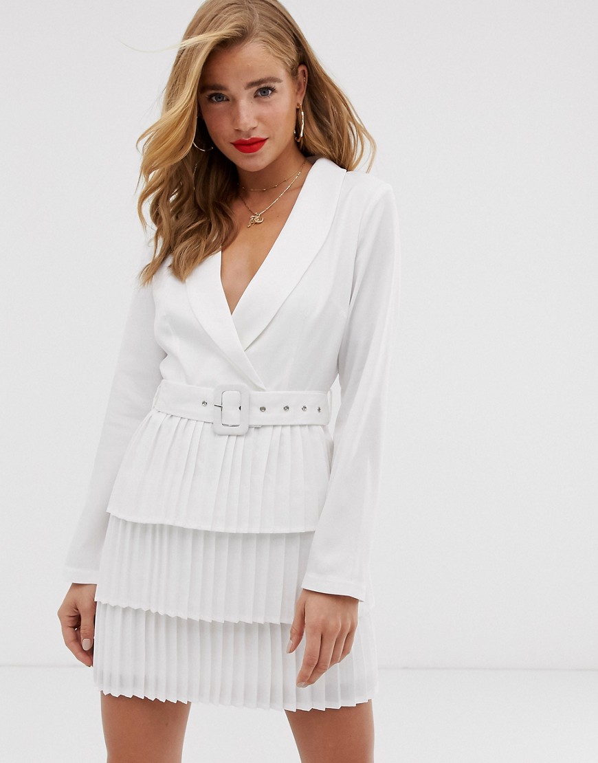 plunge front blazer dress with pleated skirt in white