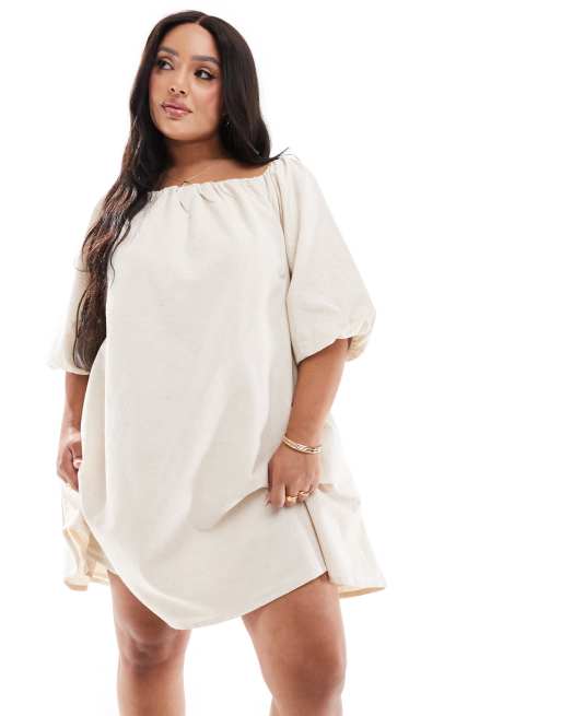 In The Style Plus - Beige bardot-minikjole i hørblanding med pufærmer