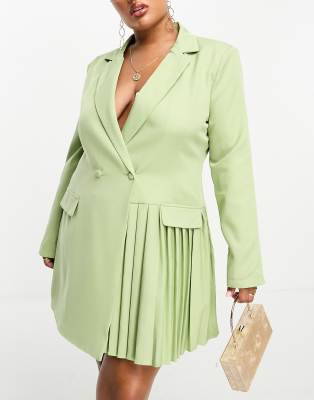 In The Style Plus blazer dress with pleat hem detail in sage green