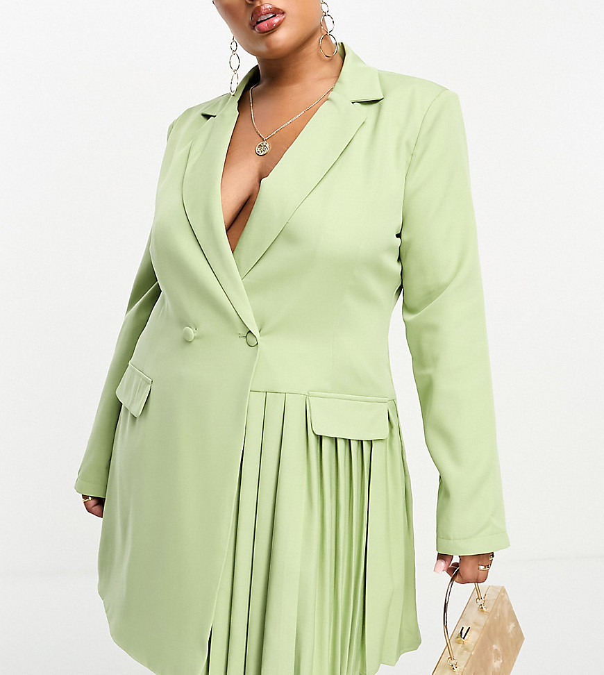 In The Style Plus blazer dress with pleat hem detail in sage green