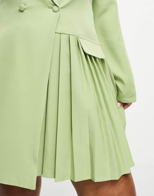 In The Style Plus blazer dress with pleat hem detail in sage green