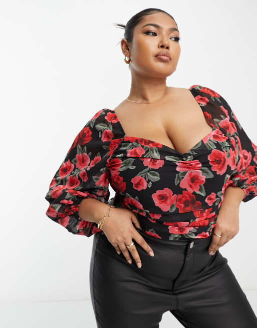 In The Style Plus - Bodystocking med hjerteformet halsudskæring og store ærmer i sort med blomstermønster