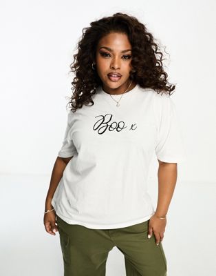 In The Style Plus boo glitter motif t-shirt in white
