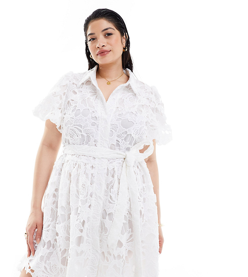 In The Style Plus lace applique tie waist mini shirt dress in white