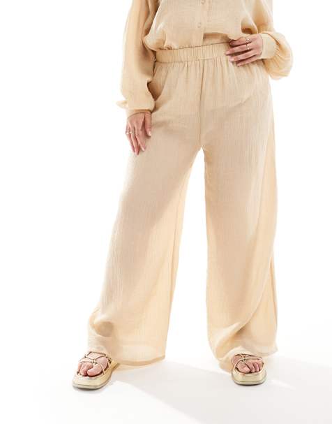 In The Style Plus - Broek van kreukelstof met wijde pijpen in camel, deel van co-ord set - view 1