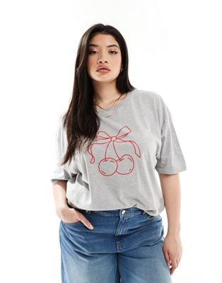 In The Style Plus cherry bow motif t-shirt in grey
