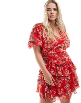 In The Style Plus In The Style Plus chiffon frill wrap mini dress in rose floral print-Multi
