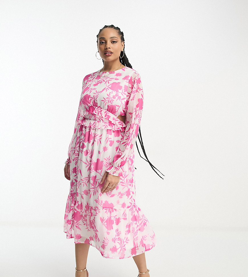 chiffon side cut out tiered midi dress in pink floral-Multi