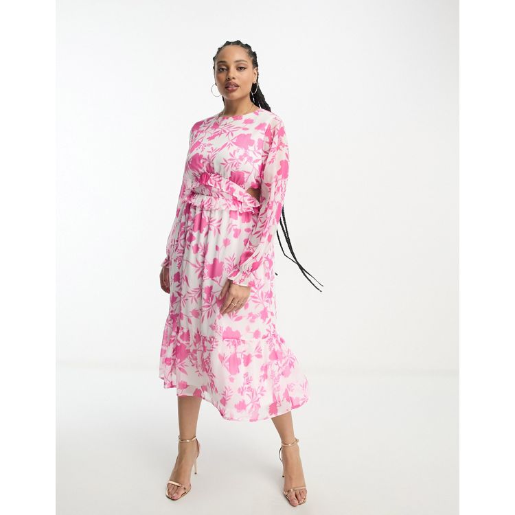 In The Style Plus chiffon side cut out tiered midi dress in pink 
