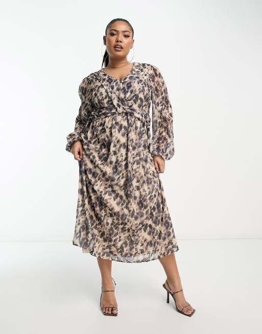 In The Style Plus chiffon twist detail midi dress with volume sleeves in leopard print