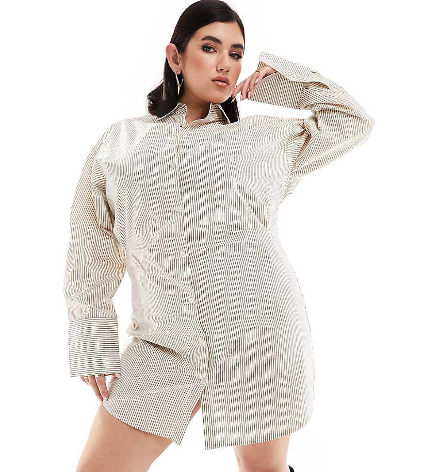 In The Style Plus cinched waist mini shirt dress in white pinstripe