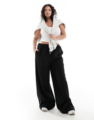 In The Style Plus contrast drawstring waist wide leg side stripe trousers in black