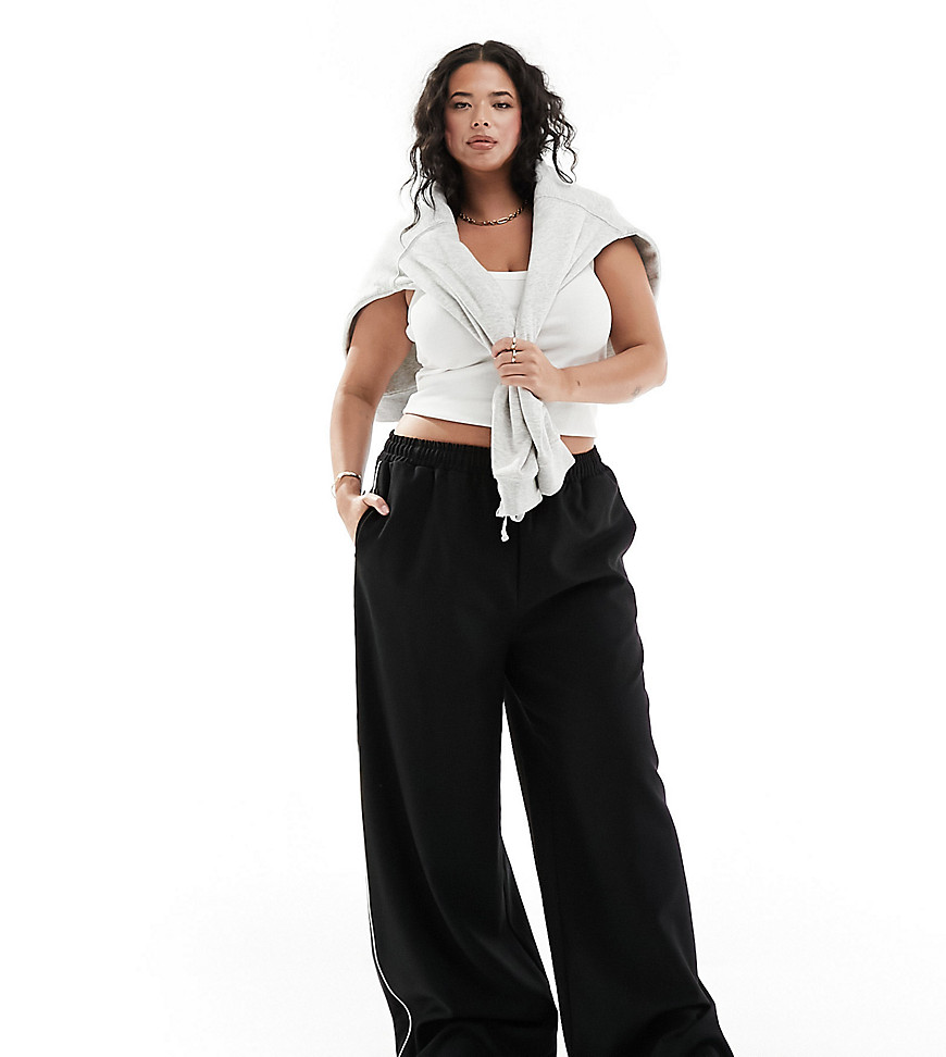In The Style Plus contrast drawstring waist wide leg side stripe trousers in black