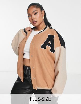 In The Style Plus Contrast Oversized Varsity Bomber Jacket In Camel-neutral