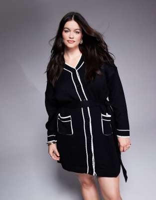 In The Style Plus In the Style Plus contrast trim belted mini cardigan dress in black