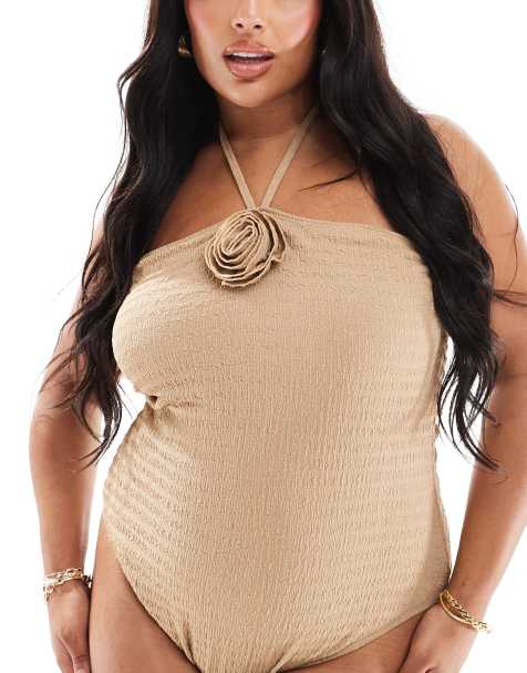 In The Style Plus corsage halterneck swimsuit in mocha - view 1