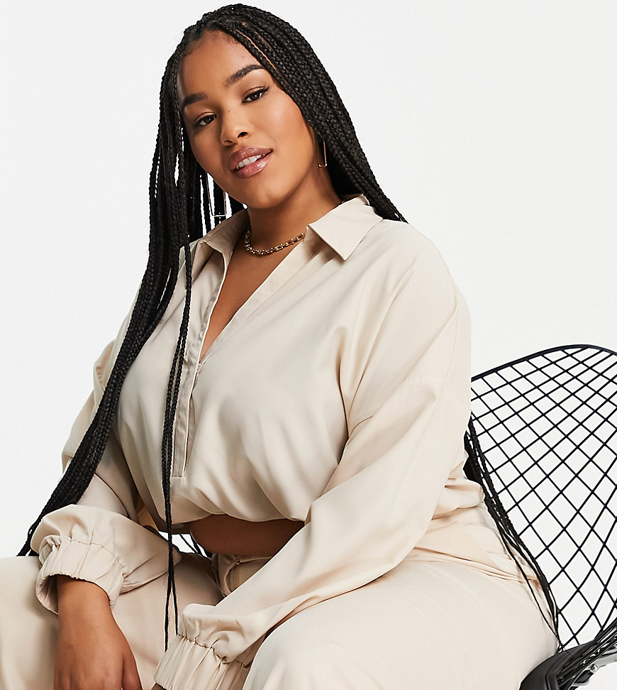 Plus-size shirt by In The Style Waist-up dressing Trousers sold separately Spread collar Partial button placket Drop shoulders Elasticated cuffs Cropped length Regular fit