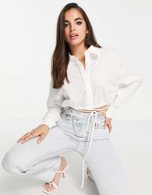 In The Style Plus - Cropped skjorte med løbesnor i hvid