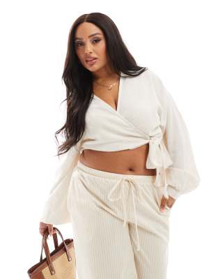 In The Style Plus - Cropped top met linnenlook en overslag met gestrikte zijkant in stone