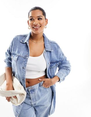 In The Style Plus denim belted jacket in blue