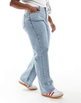 In The Style Plus diamante detail wide leg jeans in light blue