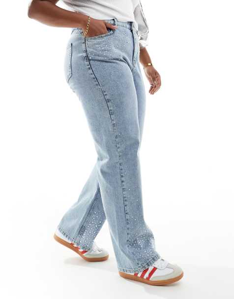 In The Style Plus diamante detail wide leg jeans in light blue - view 1