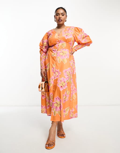 In The Style Plus – Durchgeknöpftes Midi-Freizeitkleid in Orange geblümt mit gerafften Bündchen