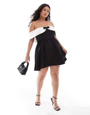 In The Style Plus In The Style Plus exclusive bardot bow front mini dress in monochrome-Black