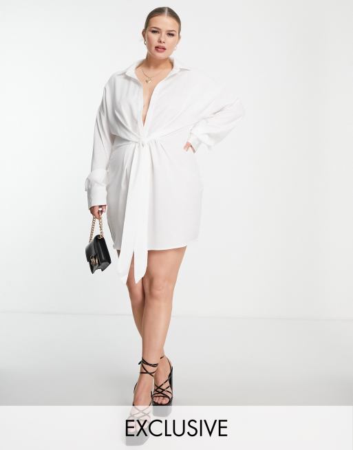 In The Style Plus Exclusive – Biała sukienka koszulowa z ozdobnym węzłem z przodu
