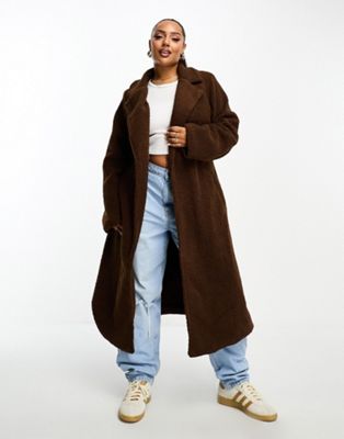 In The Style Plus exclusive borg longline belted coat in chocolate - ASOS Price Checker